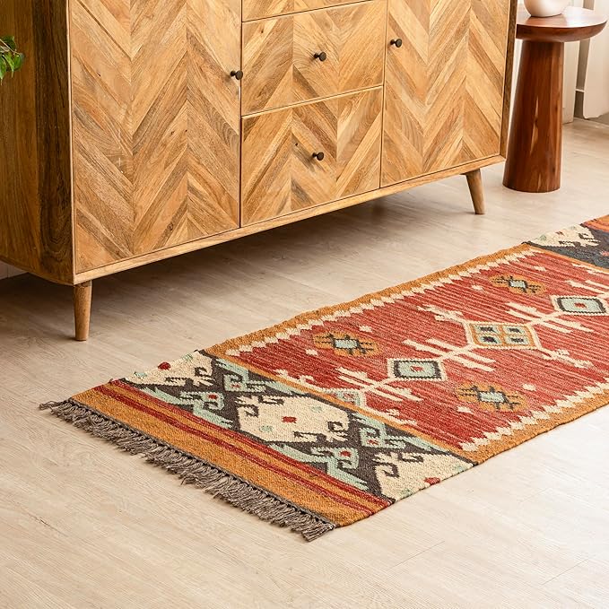Jute Traditional Kilim Rug Boho Flatweave Area Rug for Living Room, Living Room Entryway, Tribal Series, 2'x8'
