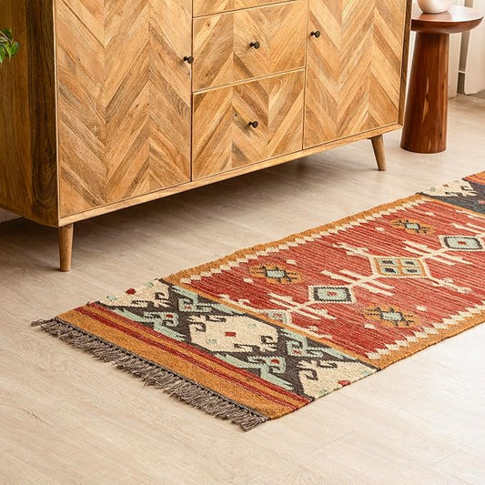 Jute Traditional Kilim Rug Boho Flatweave Area Rug for Living Room, Living Room Entryway, Tribal Series, 2'x20'