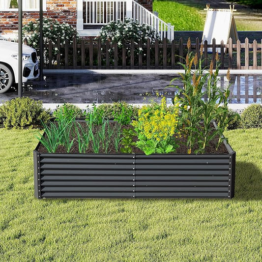 Domi 8x4x2ft Metal Raised Garden Beds Outdoor, Thickened Galvanized Steel Deep Root Planter Box with Stabilizing Bars & Rubber Edging for Vegetables, Flowers, Herbs - Dark Gray