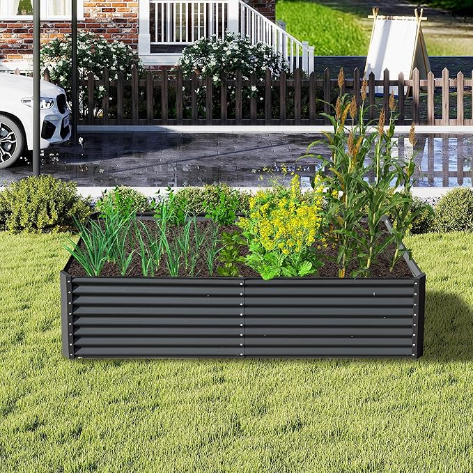 Domi 8x4x2ft Metal Raised Garden Beds Outdoor, Thickened Galvanized Steel Deep Root Planter Box with Stabilizing Bars & Rubber Edging for Vegetables, Flowers, Herbs - Dark Gray