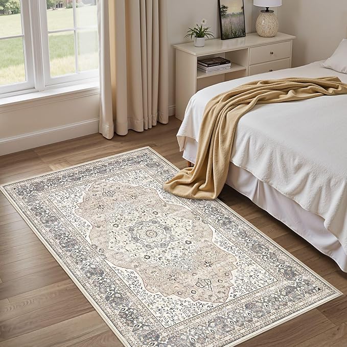 3x5 Washable Entryway Rug: Non-Slip Soft Indoor Throw Area Rug for Living Room Bedroom Kitchen, Boho Floral Distressed Durable Carpet for Hallway Bathroom Laundry Home Decor (Camel/Beige)