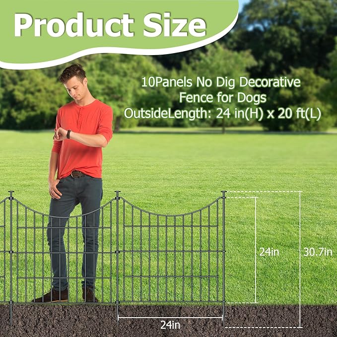10 Panels Garden Fence Dog Fence Outdoor for Yard, 24in H x 20ft L Rustproof Metal Fencing with Ground Stakes | No Dig Animal Proof Containment for Pets/Rabbits | Durable Patio Security Panels