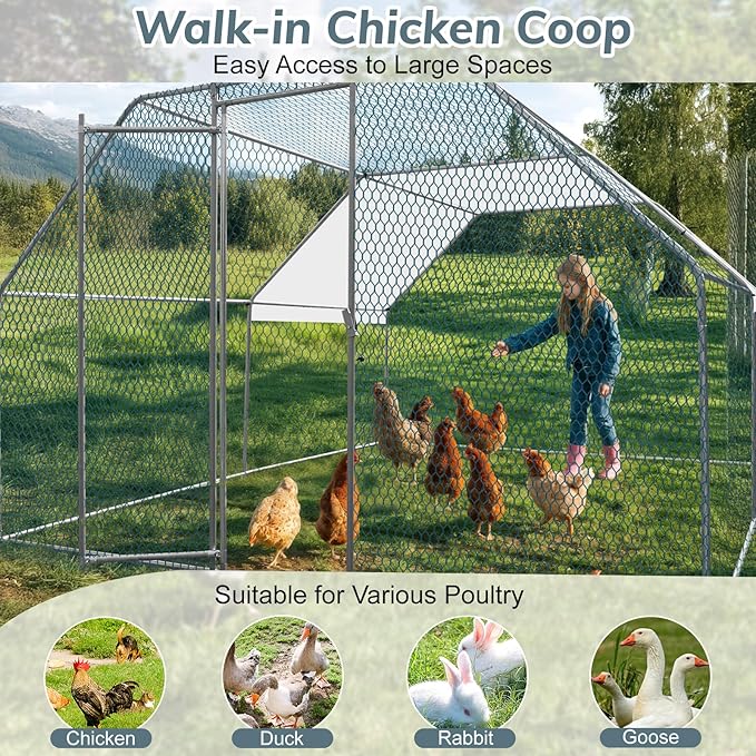 VINGLI Chicken Coop, Large Metal Poultry Cage for Chicken Run, Walk-in Chicken Pen with Waterproof & Anti-UV Cover Outdoor (Silver-Flat Roof, 13.1 * 9.8 * 6.5 ft)