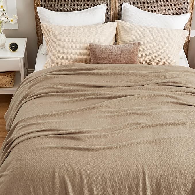 Bedsure GentleSoft 100% Cotton Blanket Queen Size for Bed - Breathable and Lightweight, Soft Cozy Textured Herringbone Woven Blanket for Summer, Taupe, 90x90 inches