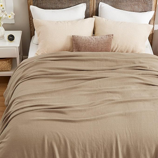 Bedsure GentleSoft 100% Cotton Blanket Queen Size for Bed - Breathable and Lightweight, Soft Cozy Textured Herringbone Woven Blanket for Summer, Taupe, 90x90 inches