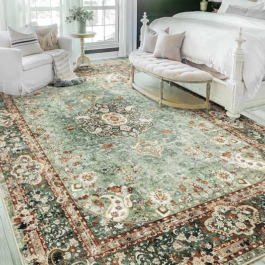 9x12 Area Rugs Washable,Green Rug for Living Room Bedroom Dining Room,Large Boho Vintage Bohemian Distressed Oriental Carpet Non Slip
