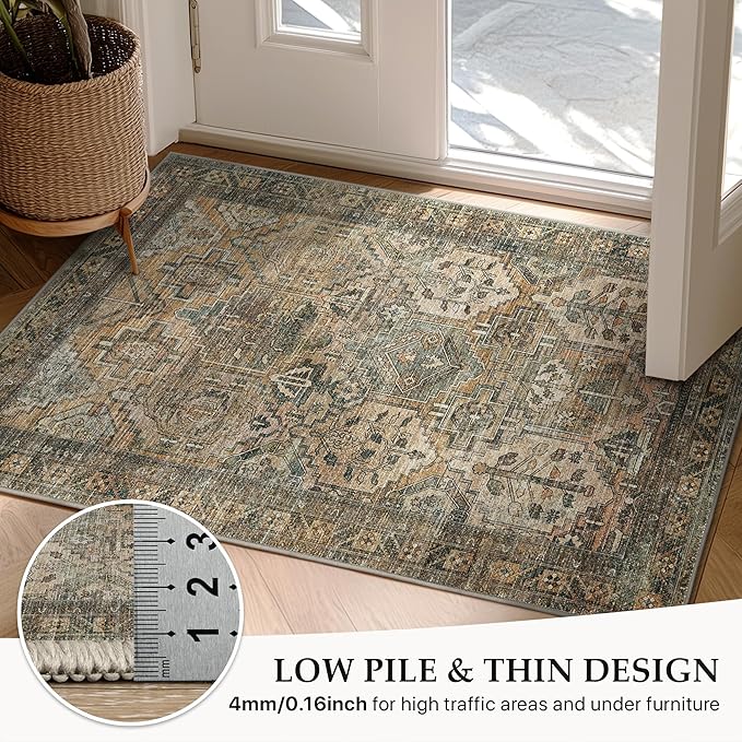 GENIMO 2x7 Runner Rugs for Hallway, Machine Washable Non Slip Vintage Rugs, Low Pile Lightweight Soft Print Rug for enrtyway, Corridor, Home, Office, Kitchen, Muted Taupe