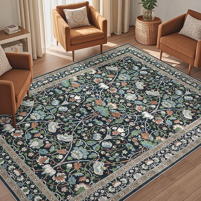 5x8 Area Rug Living Room Rugs - Washable Boho Vintage Floral Large Soft Non Slip Thin Rug Low Pile Carpet for Bedroom Dining Room Kids Playroom Office Decor Indoor- Black Blue