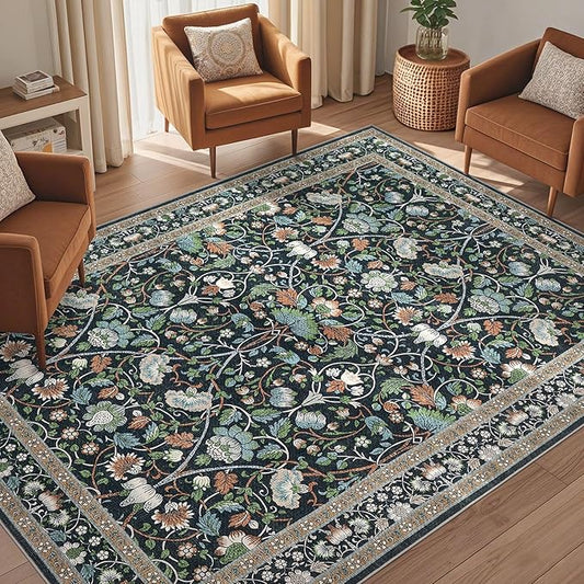 5x7 Area Rug Living Room Rugs - Washable Boho Vintage Floral Large Soft Non Slip Thin Rug Low Pile Carpet for Bedroom Dining Room Kids Playroom Office Decor Indoor- Black Blue