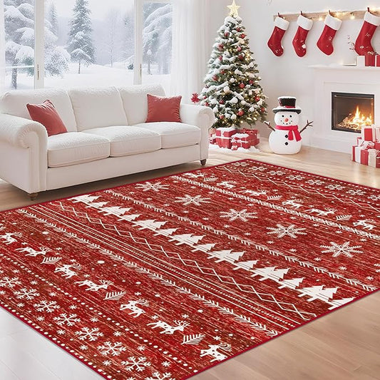 Christmas 6x9 Area Rugs for Living Room: Washable Moroccan Geometric Rug Boho Non Slip Stain Resistant Rugs Low Pile Soft Carpet for Xmas Holiday Decor Bedroom Dining Room Playroom (Xmas Red,6'x9')