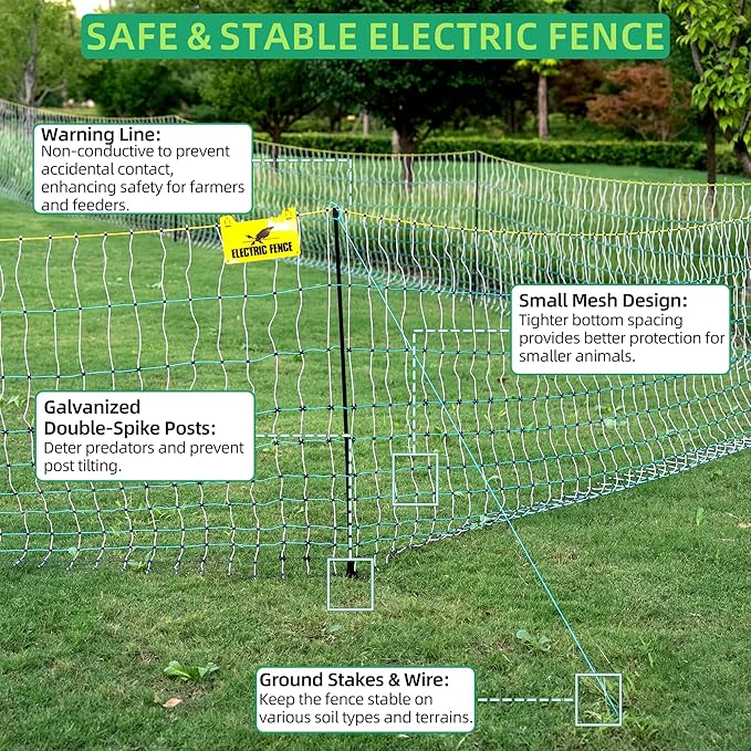 Poultry Netting Electric Fence - 41.5" H x 164' L, Portable Livestock Nets Mesh for Chickens, Ducks, Geese, Turkey, Electric Fencing for Backyards, Homesteaders, Farms, Ranches, Gardens