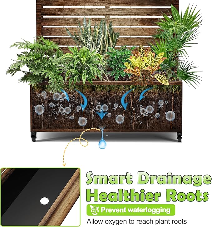 15.7"×70.9"×35.4" Metal Raised Garden Bed with Trellis and Wheels - Tall Trellis Planter Box for Climbing Plants, Vegetables & Vines - Outdoor Privacy Planters for Patio (Vintage Wood Grain)