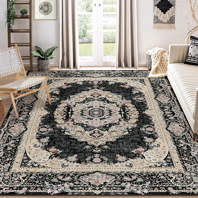 8x10 Area Rugs Washable,Black Rug for Living Room Bedroom Dining Room,Large Boho Vintage Bohemian Distressed Carpet Non Slip,Floral