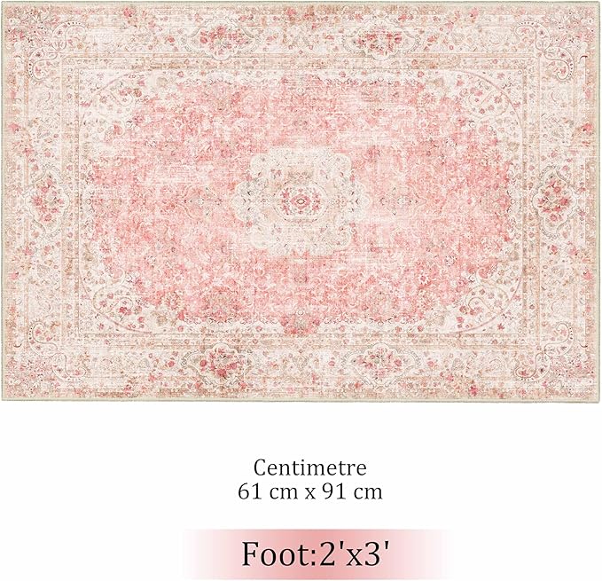 Small Rugs 2x3,Pink Rug for Entryway Bathroom Bedroom Kitchen Entrance Doormat,Boho Vintage Bohemian Distressed Washable Accent Floor Throw Carpet Non Slip,Blush