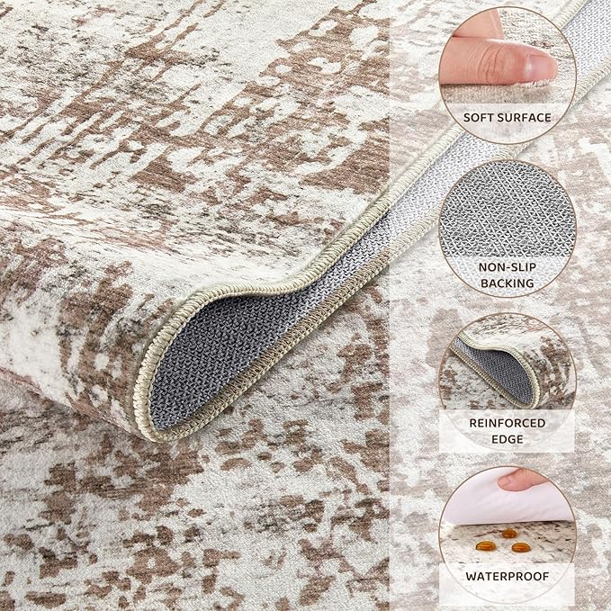 Area Rug Living Room Rugs - Washable Neutral Modern Abstract Soft Thin Rug Indoor Floor No Slip Rug Carpet for Bedroom Under Dining Table Home Office Decor - Brown/Grey/Red - 8x10