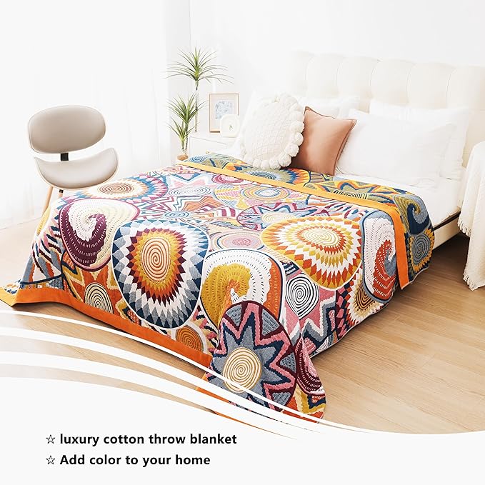 Boho Throw Blanket, 100% Organic Muslin Cotton Skin-friendly Breathable Ultra Soft Bed Quilt Throw - All Season Bohemian Decor Luxury Colorful Blanket for Sofa Couch Chair and Gift. 60" x 80"