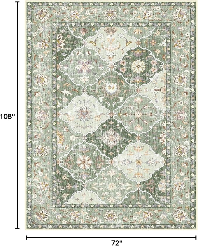 Boho Vintage Area Rugs 6×9 Washable Non-Slip Traditional Green Area Rug for Living Room Bedroom Dining Room and Farmhouse