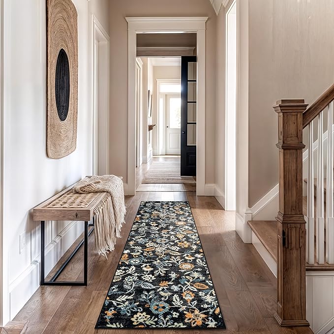 Rugshop Vine Floral Area Rug Modern Area Rug for Living Room, Bedroom, or Entryway Black Multi Runner Rug 2' 3" x 12' Black
