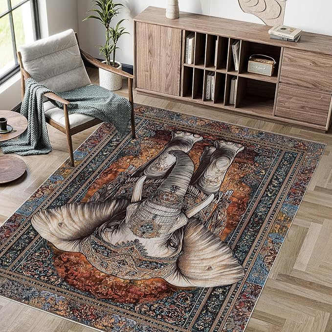 8x10 Elephant Area Rugs Boho Elephant Rug for Living Room Indoor Soft Non-Slip Thin Large Carpet Vintage Rugs for Bedroom Home Decor Under Table Washable Machine