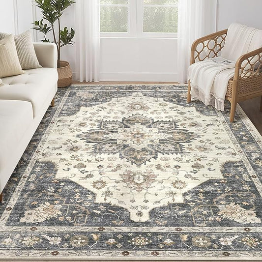 Area Rug for Living Room - 7x9 Soft Washable Oriental Vintage Floral Distressed Large Carpet - Fade Stain Resistant Non Slip Rugs for Bedroom Dining Room Nursery Dorm Office Home Decor - Beige Blue