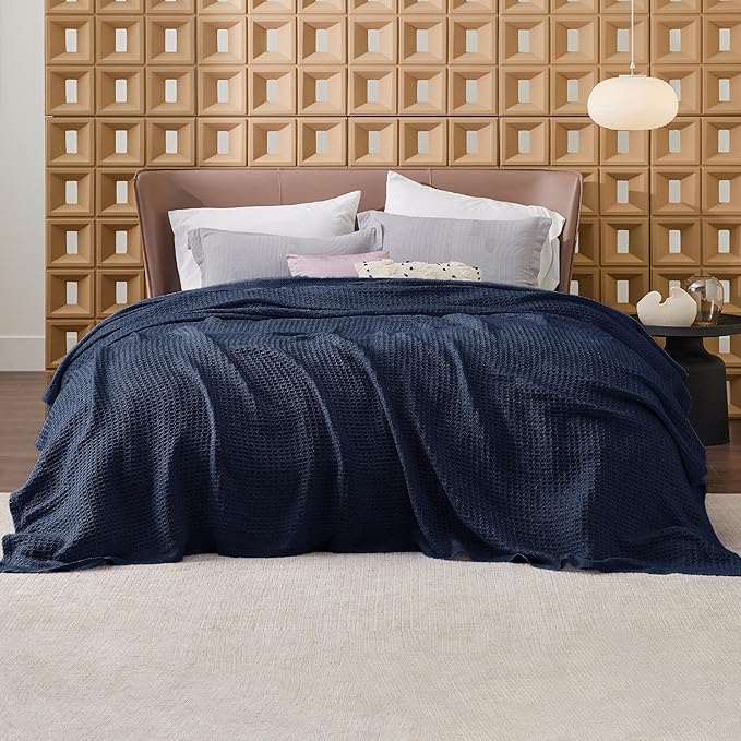 Bedsure Gentlesoft 100% Cotton Blanket Queen Size for Bed - Breathable and Soft, Thick Cozy Waffle Weave Christmas Blanket Gift for Women, Pageant Blue, 90x90 Inches