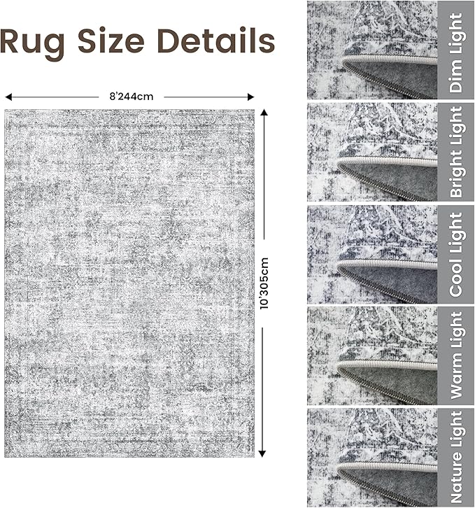 Rugland 8x10 Area Rugs - Stain Resistant Washable Rug, Anti Slip Rugs for Living Room, Vintage Tribal Area Rugs(Vintage01-Distressed Grey, 8'x10')
