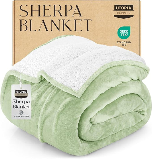 Utopia Bedding Sherpa Blanket Twin Size (Sage Green, 90x66 Inches) - Soft Lightweight Plush Fleece Reversible Blanket for Bed, Sofa, Couch, Camping and Travel