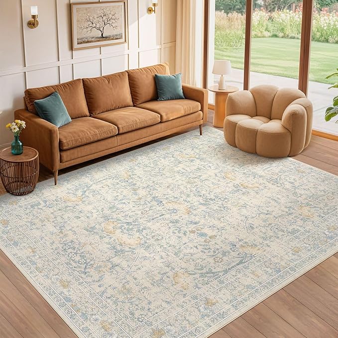 6x9 Area Rug Living Room Rugs - Washable Boho Vintage Floral Large Soft Non Slip Thin Rug Low Pile Carpet for Bedroom Dining Room Kids Playroom Office Decor Indoor- Light Blue