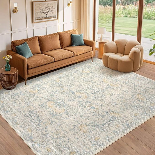 8x10 Area Rug Living Room Rugs - Washable Boho Vintage Floral Large Soft Non Slip Thin Rug Low Pile Carpet for Bedroom Dining Room Kids Playroom Office Decor Indoor- Light Blue