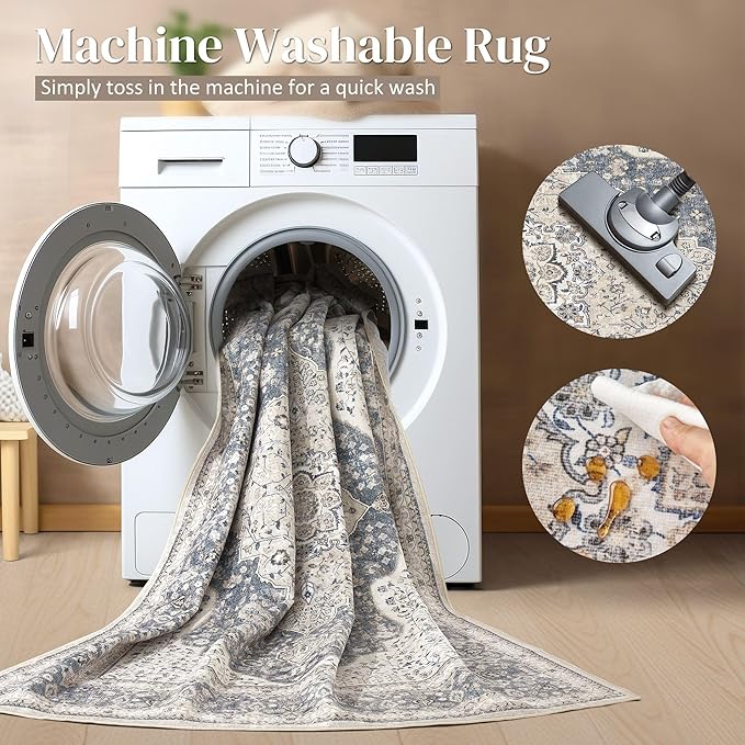 Washable Rug 9x12 Area Rugs for Living Room Bedroom Dining Room Home Office Floor Decor -Stain & Fade Resistant Non Slip Backing Carpet,Ultra-Thin Vintage Large Carpets (Blue/Beige,9'x12')