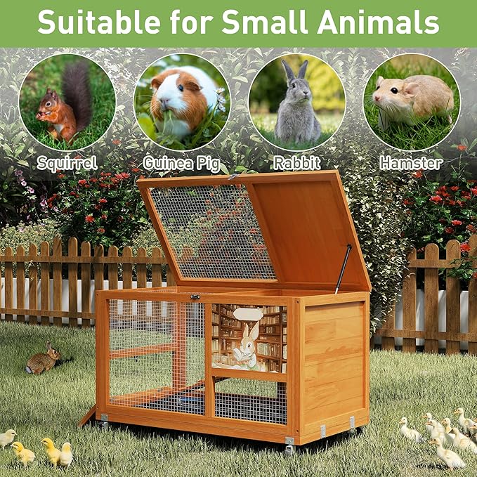 COZIWOW 36.5-Inch Double-Decker Wooden Rabbit Hutch with Wheels, Featuring A Cleaning Tray and Ladder—Stylish and Easy to Assemble（Orange and Pattern）