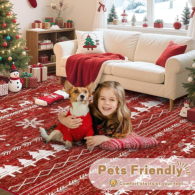 Christmas Living Room Rugs 8x10: Washable Moroccan Geometric Boho Rug Non Slip Stain Resistant Large Rugs Low Pile Soft Carpet for Xmas Holiday Decor Bedroom Dining Room Playroom (Xmas Red,8'x10')