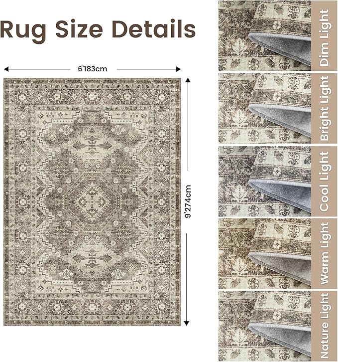 Rugland 6x9 Rug - Stain Resistant Washable Rug, Anti Slip Backing Rugs for Living Room, Vintage Tribal Area Rugs (TPR07-Ivory, 6'x9')