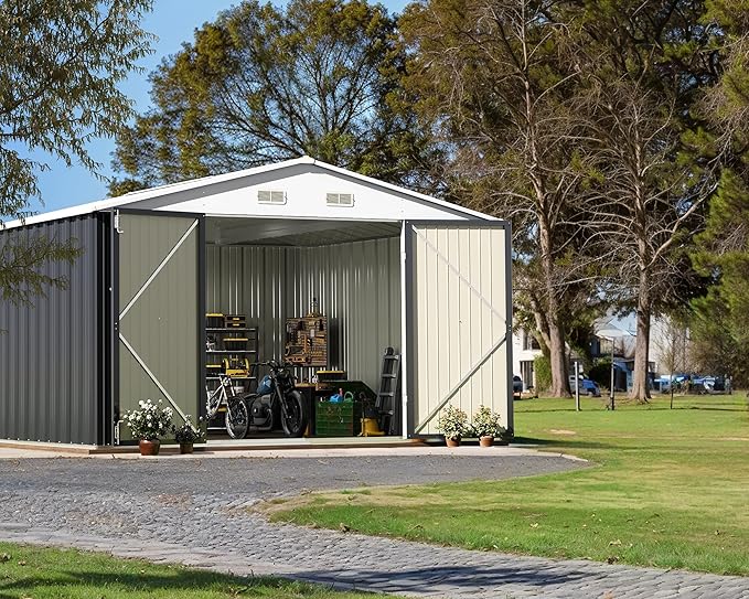 Greesum 10x10FT Outdoor Storage Shed, Utility Tool Shed Metal Storage Shed with Door & Lock for Patio Storage, Garden, Lawn, Gray