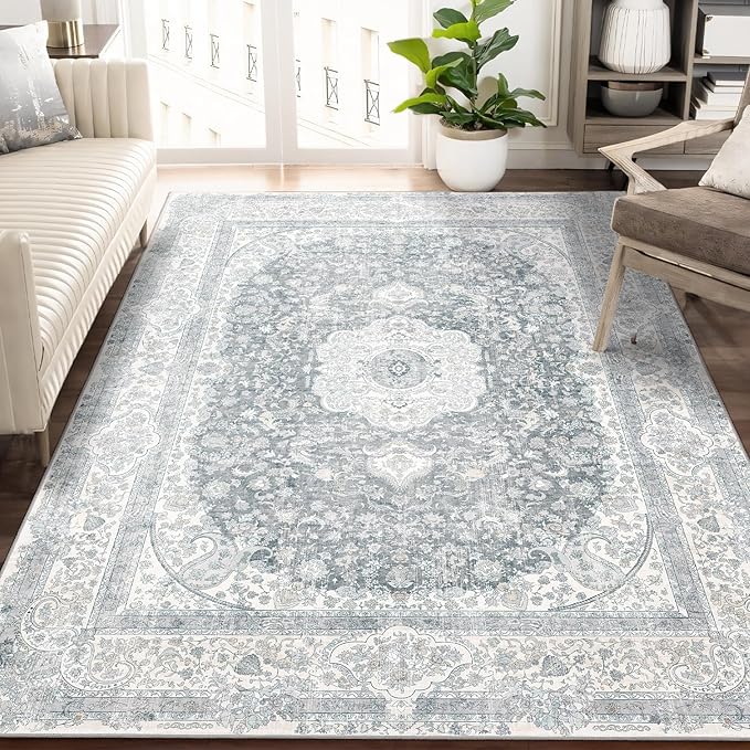 5x7 Area Rugs Washable,Grey Rug for Living Room Bedroom Kitchen,Large Boho Vintage Bohemian Distressed Carpet Non Slip,Floral
