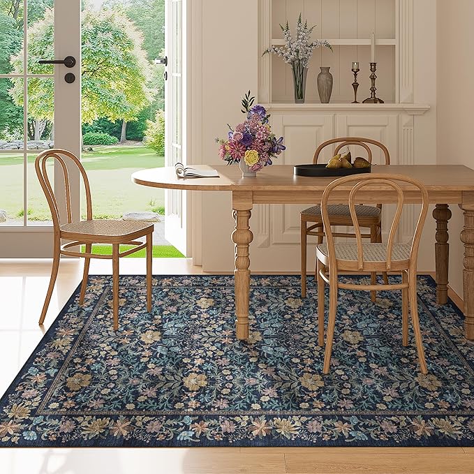 DUKINO 3x5 Area Rug, Vintage Floral Washable Rug for Bedroom with Non Slip Design, Soft Low Pile Indoor Small Carpet for Bedroom, Farmhouse, Living Room, Office, Bathroom, Dark Blue