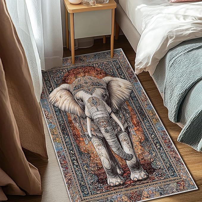 3x5 Elephant Area Rugs Boho Elephant Rug for Bathroom Kitchen Entryway Indoor Soft Non-Slip Thin Hippie Carpet Vintage Small Brown Doormat for Office Dining Room Under Table Washable Machine