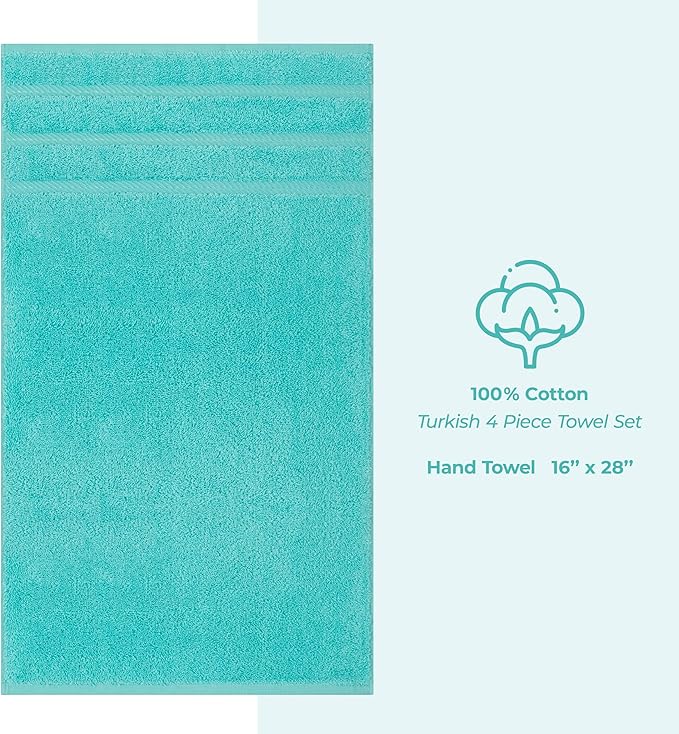 American Soft Linen Luxury Hand Towels for Bathroom, 600 GSM 100% Cotton Turkish 4 Piece Hand Towel Set, 600 GSM Hand Face Towels for Kitchen, Turquoise Blue Hand Towels