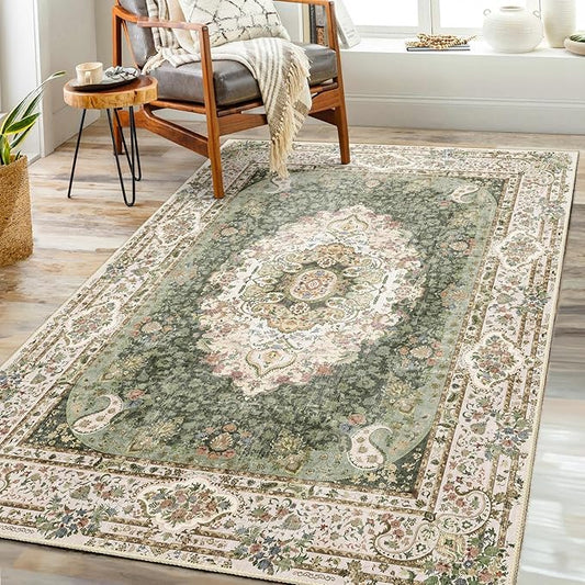 Green Rug 3x5,Washable Area Rugs for Bedroom Living Room Kitchen Entryway,Small Boho Vintage Bohemian Distressed Non Slip Carpet,Floral