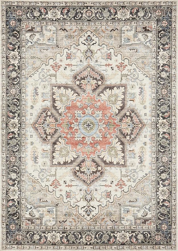 Area Rug for Living Room - 8x10 Soft Machine Washable Oriental Vintage Floral Distressed Large Indoor Floor Carpet for Bedroom Under Dining Table Home Office Decor - Multi Cream