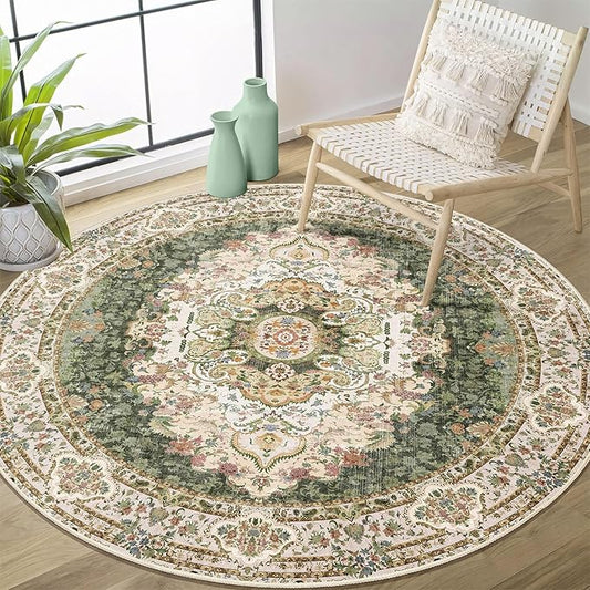 Green Round Rug 4ft,Circle Washable Area Rugs for Bedroom Bathroom Entryway,Boho Vintage Bohemian Distressed Oriental Carpet Non Slip,Sage Floral