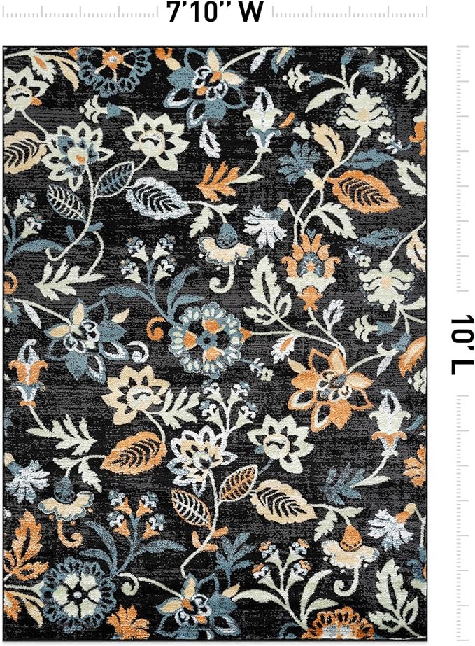 Rugshop Vine Floral Area Rug Modern for Living Room, Bedroom, or Entryway Black Multi 7' 10" x 10' Black