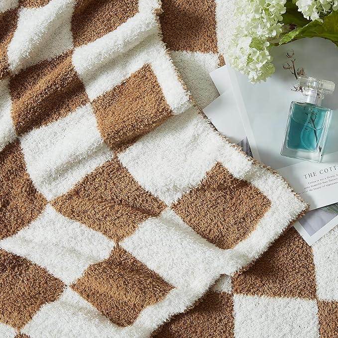 WRENSONGE Checkered Throw Blanket, Burnt Orange Soft Cozy Fluffy Warm Hand Made Throw Blankets for Couch, Sofa, Chair, Bed, Camping, Picnic, Travel Lightweight Bed Blanket - 60"*80"
