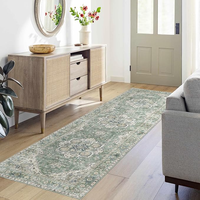 Kitchen Runner Rugs Non Skid Washable - 2.5x8ft Long Sage Green Farmhouse Boho Hallway Runner Rug Low Pile Soft Vintage Farmhouse Oriental Carpet for Hallway Laundry Room Entryway Bedroom