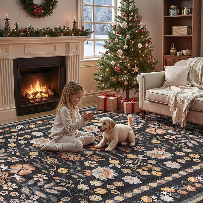 8x10 Area Living Room Rugs - Washable Boho Vintage Floral Large Soft Non Slip Thin Rug Low Pile Carpet for Bedroom Dining Room Kids Playroom Office Decor Indoor- Black Grey