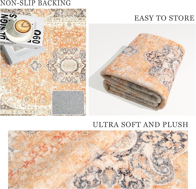 5x7 Area Rugs Washable,Boho Rug for Living Room Bedroom Kitchen,Large Vintage Bohemian Farmhouse Distressed Carpet Non Slip,Retro Orange Grey Floral