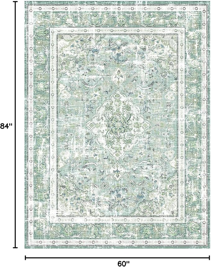 Vhong Boho Area Rugs Washable Vintage Modern Neutral Large Carpet Sage Green 5×7 High Traffic Rugs for Dinning Room Living Room Bedroom Farmhouse Non Slip