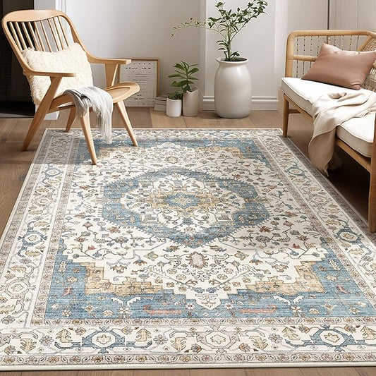 Area Rug for Living Room - 6x9 Soft Washable Oriental Vintage Floral Distressed Large Carpet - Fade Stain Resistant Non Slip Rugs for Bedroom Dining Room Nursery Dorm Office Home Decor - Blue/Beige
