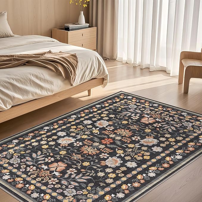 4x6 Area Rug Living Room Rugs - Washable Boho Vintage Floral Large Soft Non Slip Thin Rug Low Pile Carpet for Bedroom Dining Room Kids Playroom Office Decor Indoor- Black Grey