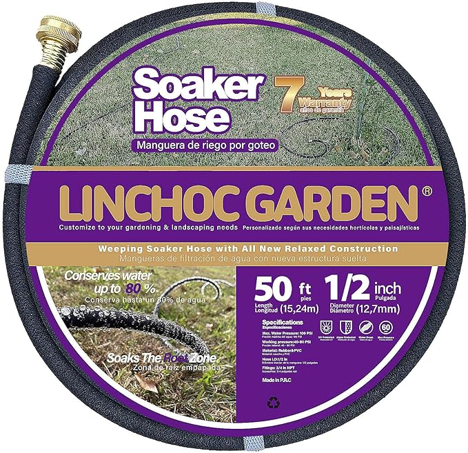 LICNCHOC GARDEN Soaker Hose 50ft,1/2 INCH Flexible Durable Garden Hose for Efficient Watering, Leak-Proof Design 100% Recycled Rubber,Ideal for Lawns,Gardens & Flower Beds